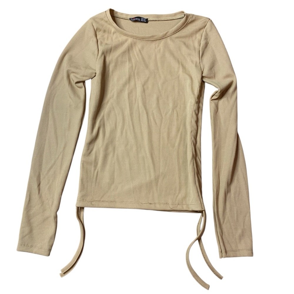 Hostess Tan Ribbed Long Sleeve Top with Side Ties - Size M